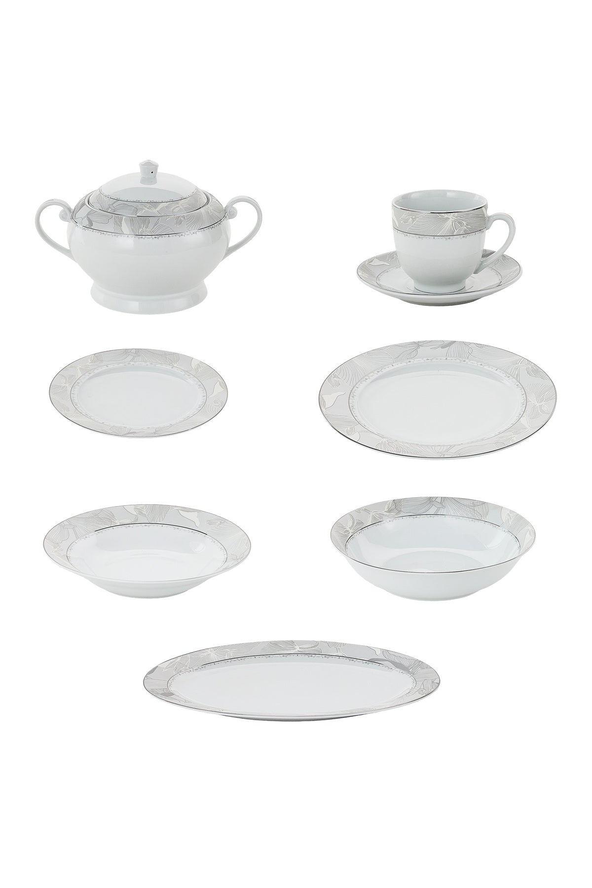 Serviciu de Masă 12 Persoane Silver Leaf din Porțelan, 64 Piese, Design Floral cu Bordură Argintie