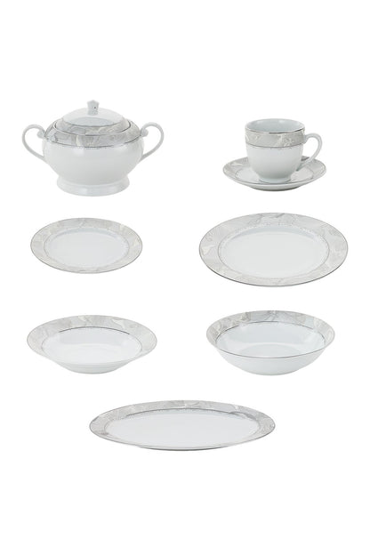 Serviciu de Masă 12 Persoane Silver Leaf din Porțelan, 64 Piese, Design Floral cu Bordură Argintie