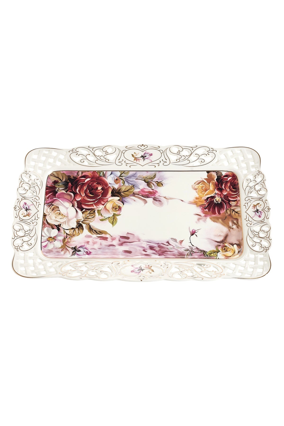 Tavă servire porțelan model floral vintage, margini dantelate decupate, 36 x 23 cm