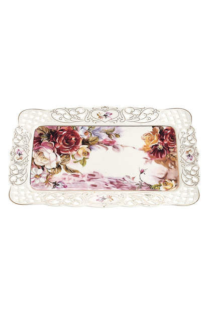 Tavă servire porțelan model floral vintage, margini dantelate decupate, 36 x 23 cm