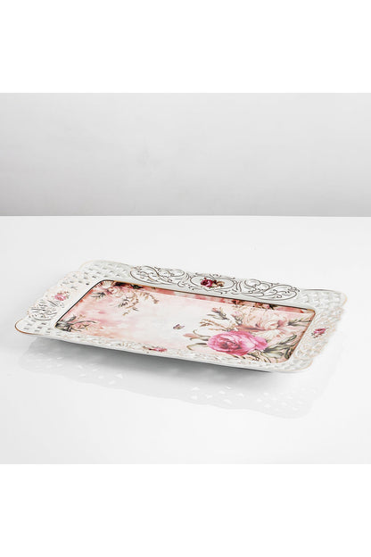Tavă servire porțelan model floral vintage, margini dantelate decupate, 36 x 23 cm