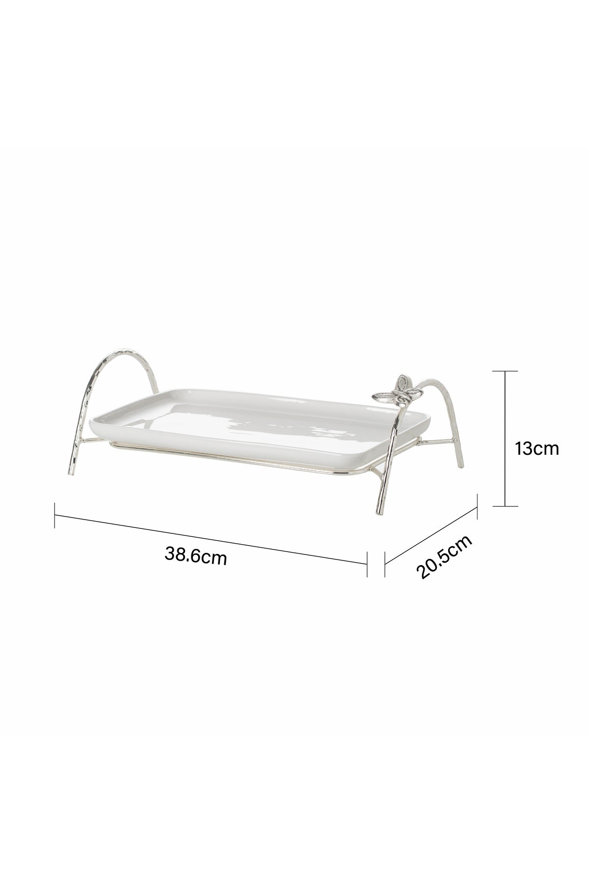 Tavă Festivă din Porțelan alb pe Suport Metalic Argintiu cu Detaliu Fluture 38.6 cm