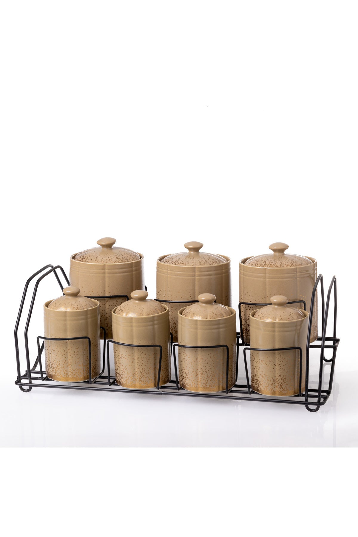 Set 7 recipiente depozitare porțelan Snowing, capace lemn și suport metalic, bej