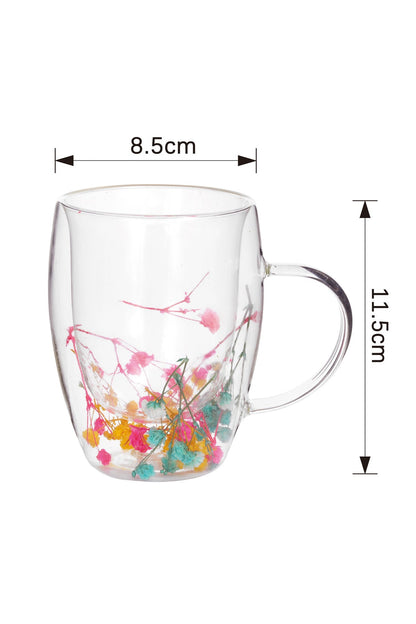Cană din Sticlă cu Pereți Dubli "Viata" cu Flori Uscate Multicolore Naturale – 350 ml