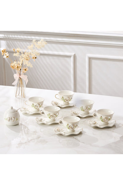 Set 6 cești de cafea din porțelan cu farfurioare și zaharniță,180 ml - decor floral în relief