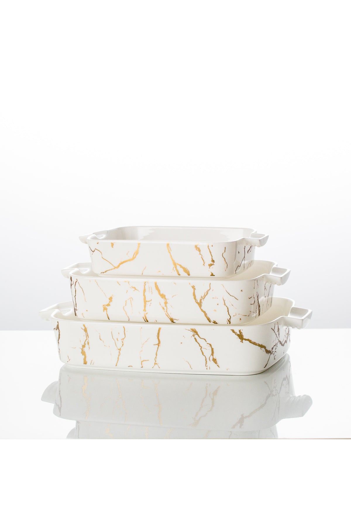 Set 3 tăvi cuptor Marble – porțelan alb cu model marmură aurie, rezistente la cuptor