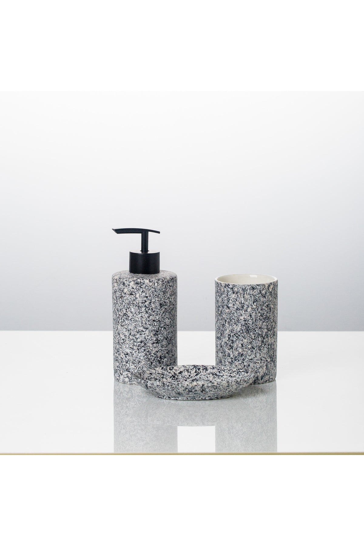 Set accesorii baie Granite 3 piese din porțelan– dozator sapun, suport sapun solid, pahar