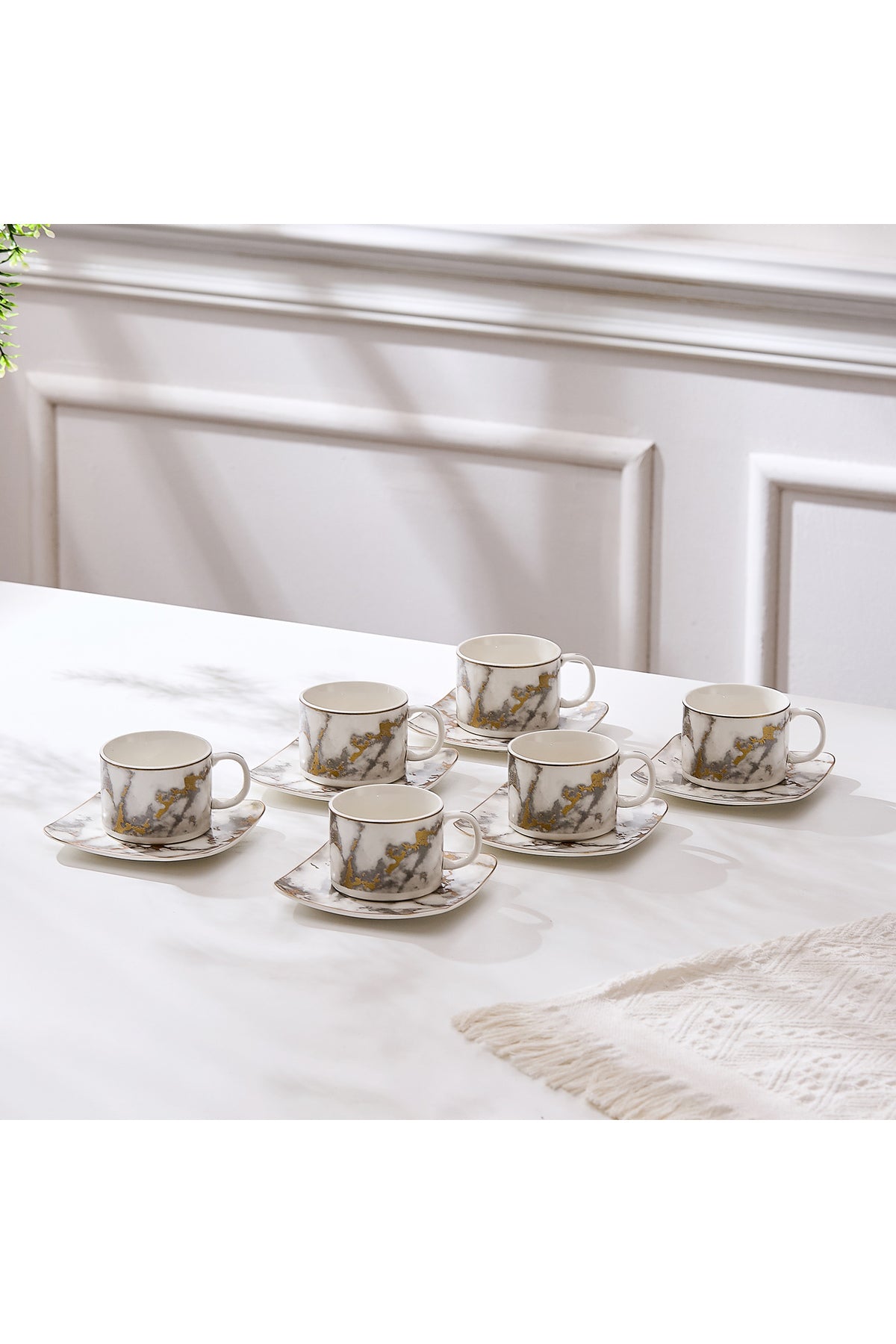 Set de 6 cești cu 6 farfurioare, 180 ml - Marmura