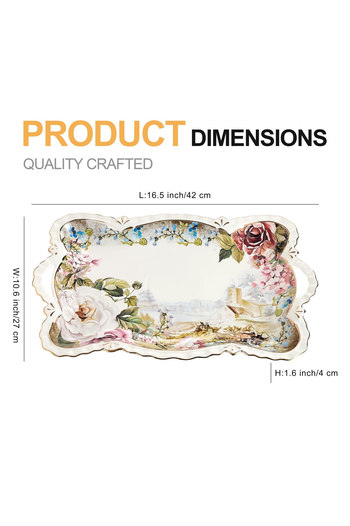Tavă servire porțelan model floral vintage, mânere integrate, 42 x 27 cm