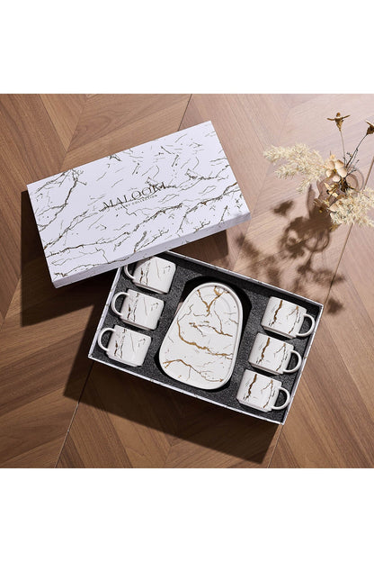 Set de 6 cești cu 6 farfurioare platou neuniform, porțelan, 220 ml - Marble collection