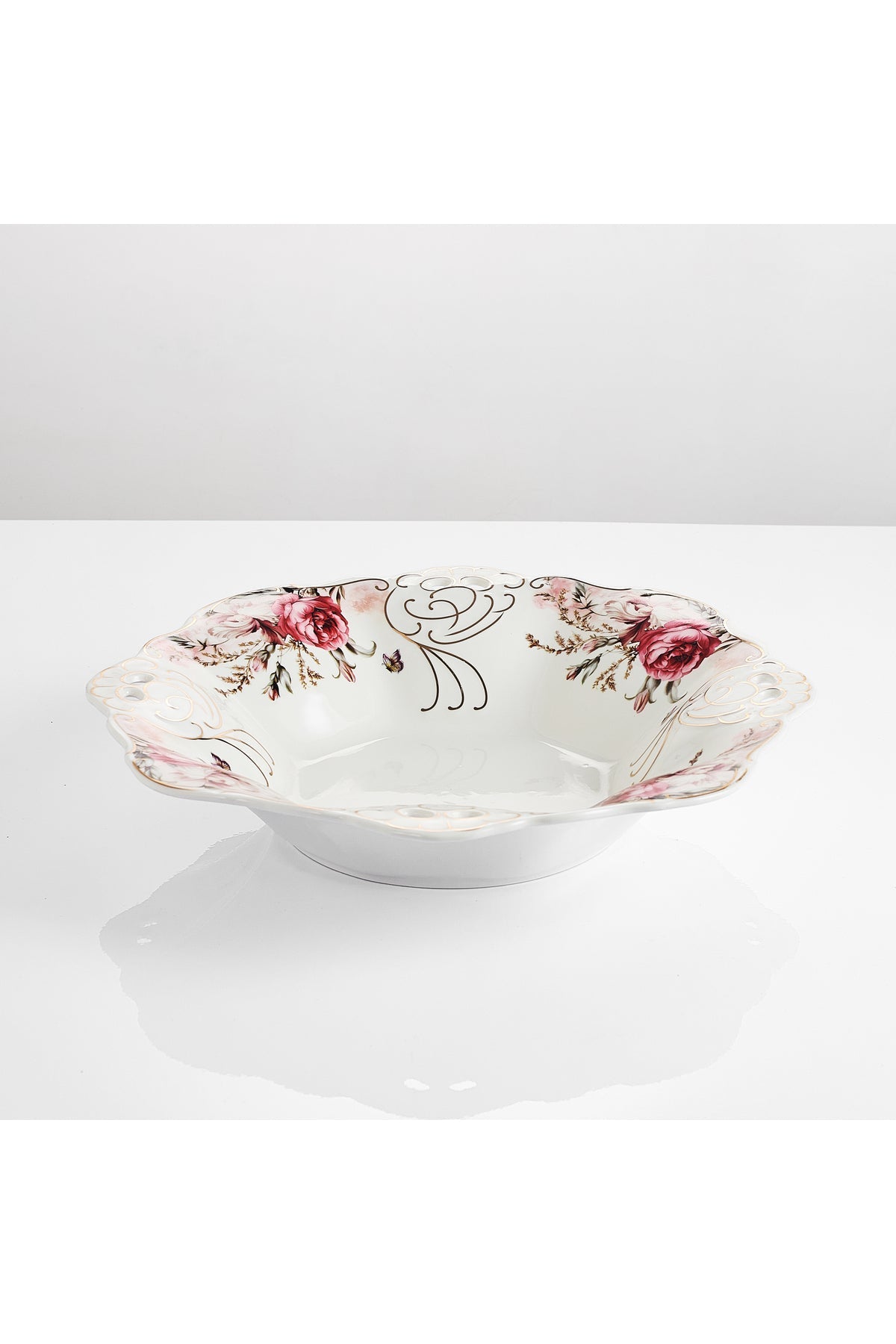 Bol fructieră porțelan model floral vintage, margini dantelate, diametru 33 cm
