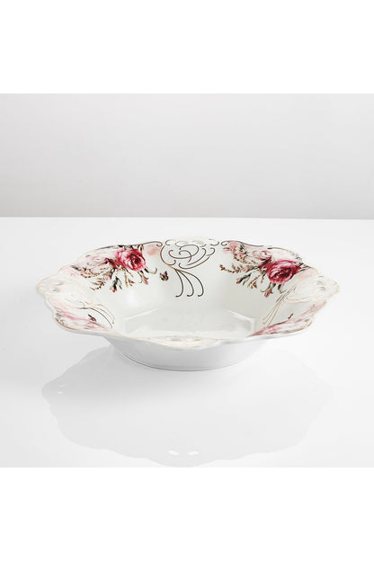 Bol fructieră porțelan model floral vintage, margini dantelate, diametru 33 cm