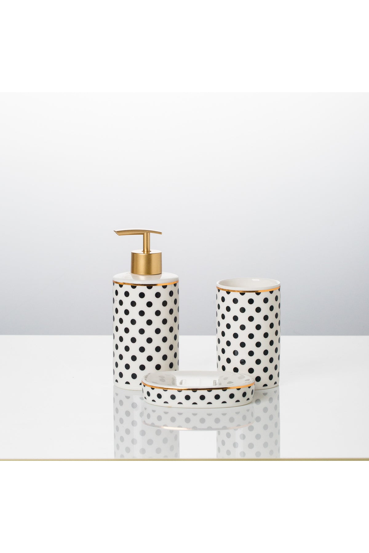 Set accesorii baie Dotted 3 piese dozator sapun, suport sapun solid, pahar porțelan cu detalii aurii