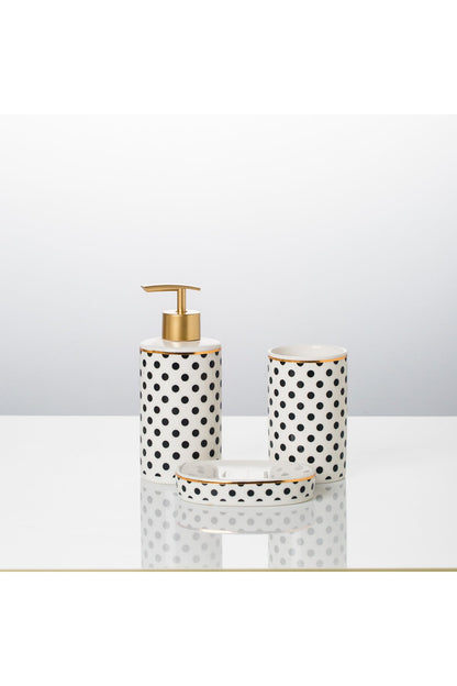 Set accesorii baie Dotted 3 piese dozator sapun, suport sapun solid, pahar porțelan cu detalii aurii