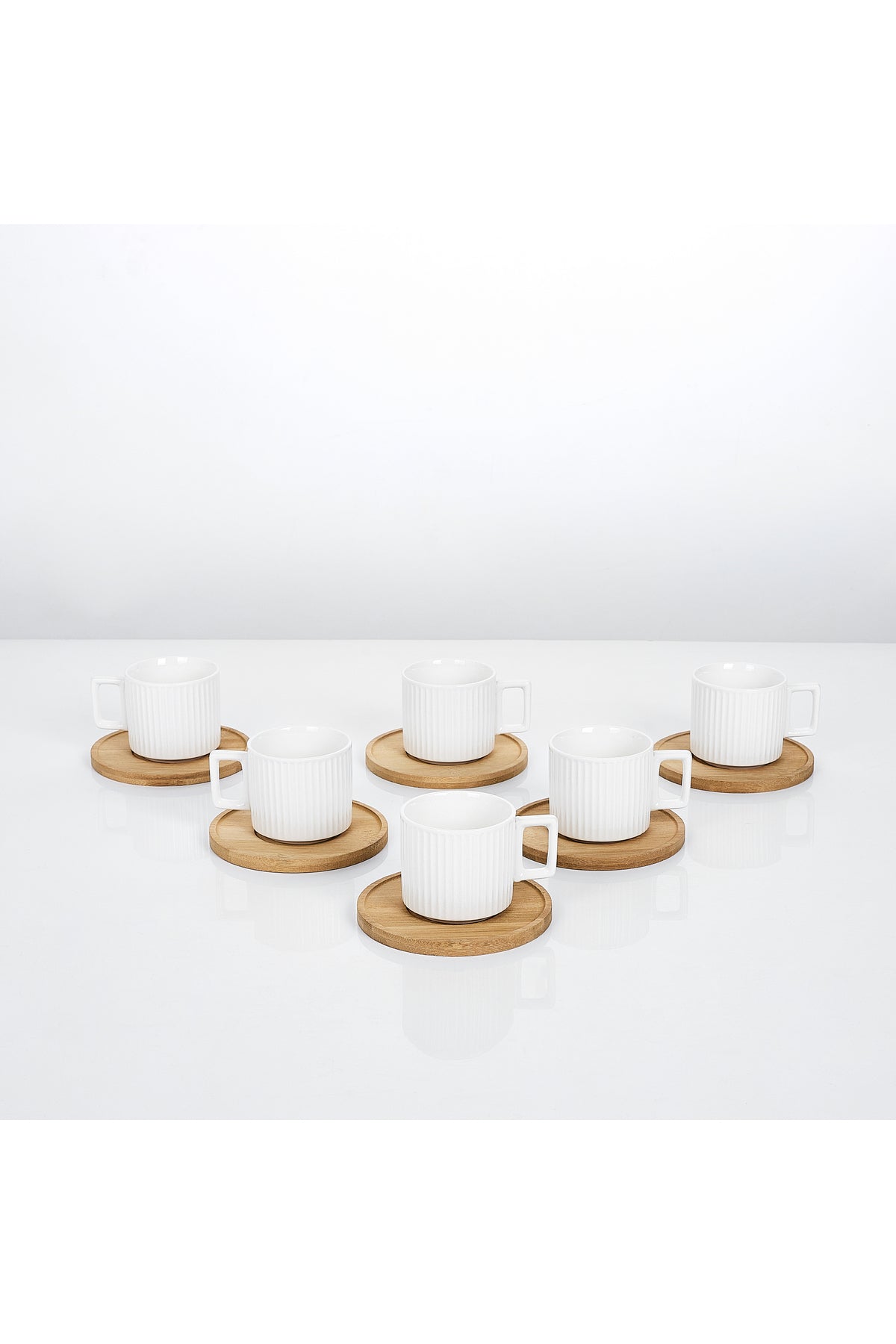 Set 6 cești espresso porțelan Block cu farfurioare bambus, 90ml, alb