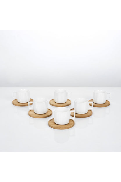 Set 6 cești espresso porțelan Block cu farfurioare bambus, 90ml, alb