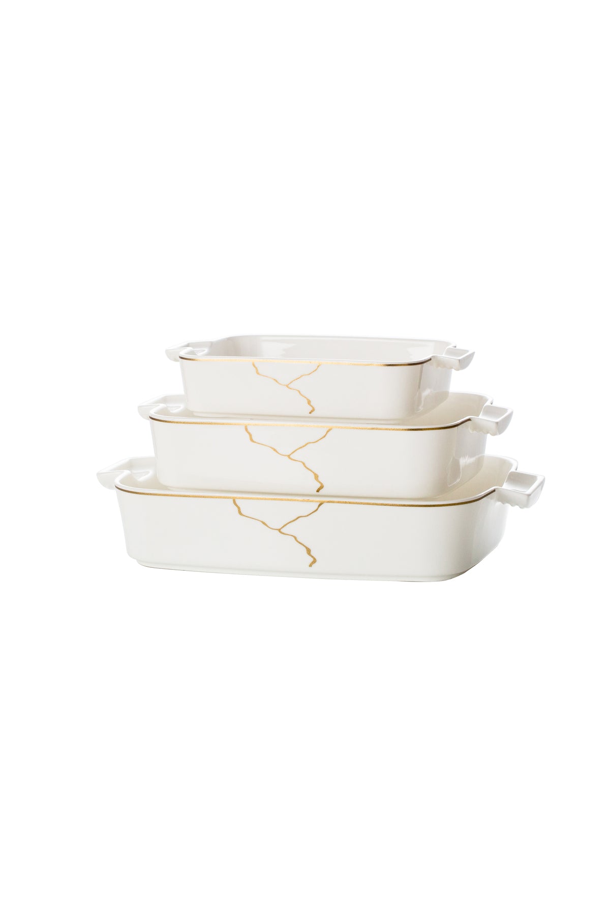 Set 3 tăvi cuptor Infinity – porțelan alb cu vene aurii, rezistente la cuptor
