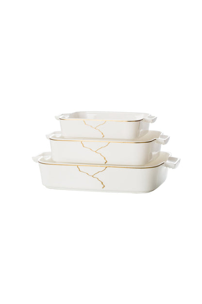 Set 3 tăvi cuptor Infinity – porțelan alb cu vene aurii, rezistente la cuptor