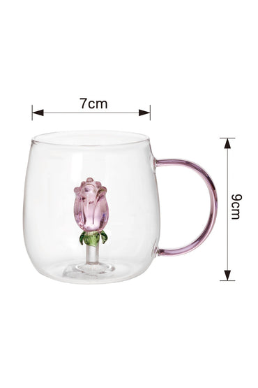 Cană din Sticlă "Rosa" cu Trandafir Roz Decorativ – 350 ml
