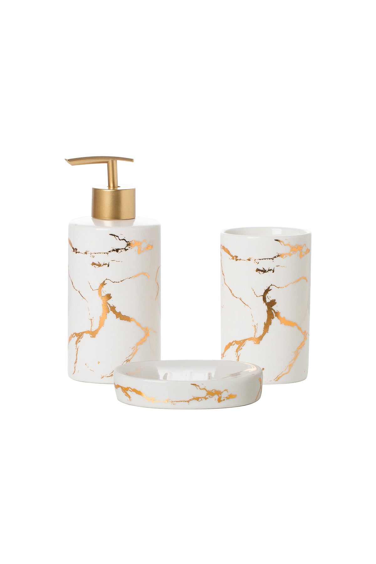 Set accesorii baie Marble 3 piese – dozator sapun, suport sapun solid, pahar, porțelan cu detalii aurii