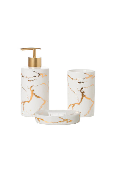 Set accesorii baie Marble 3 piese – dozator sapun, suport sapun solid, pahar, porțelan cu detalii aurii