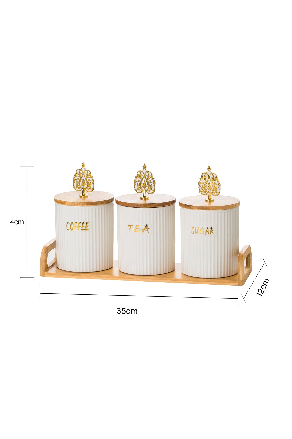 Set 3 borcane bucătărie Baroque – porțelan alb cu capac bambus, Coffee Tea Sugar, tavă inclusă