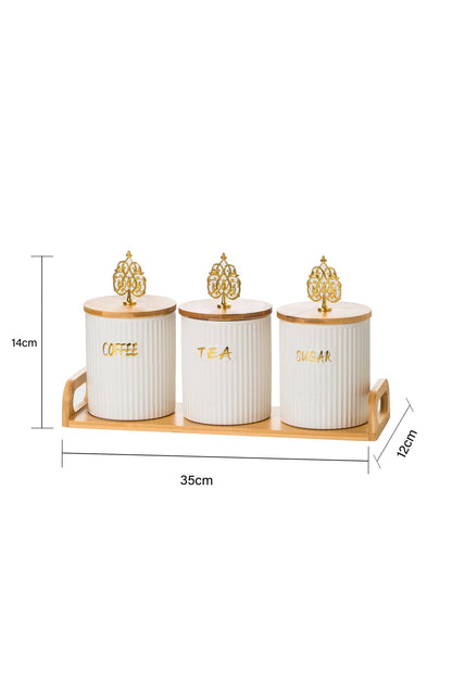Set 3 borcane bucătărie Baroque – porțelan alb cu capac bambus, Coffee Tea Sugar, tavă inclusă