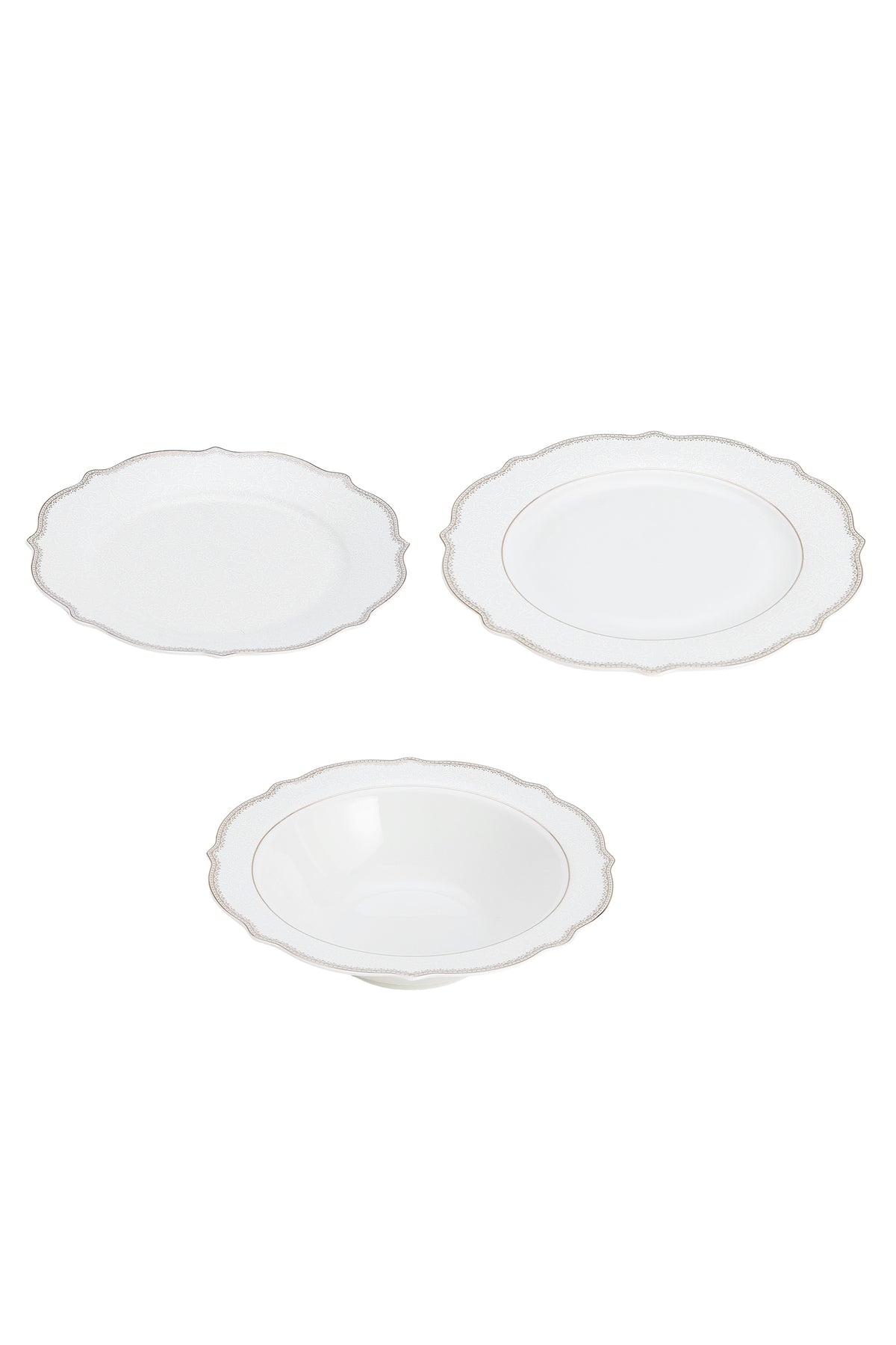 Set masă 18 piese porțelan Arabesque, alb cu bordură argintie, 6 persoane