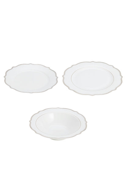 Set masă 18 piese porțelan Arabesque, alb cu bordură argintie, 6 persoane
