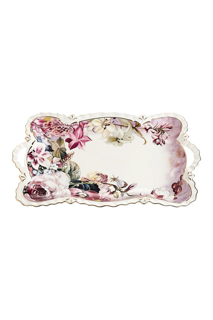Tavă servire porțelan model floral vintage, mânere integrate, 42 x 27 cm