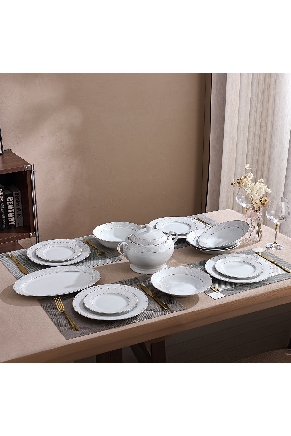 Serviciu de Masă 12 Persoane Golden Aurora din Porțelan 40 piese, Design Geometric și Bordură Aurie