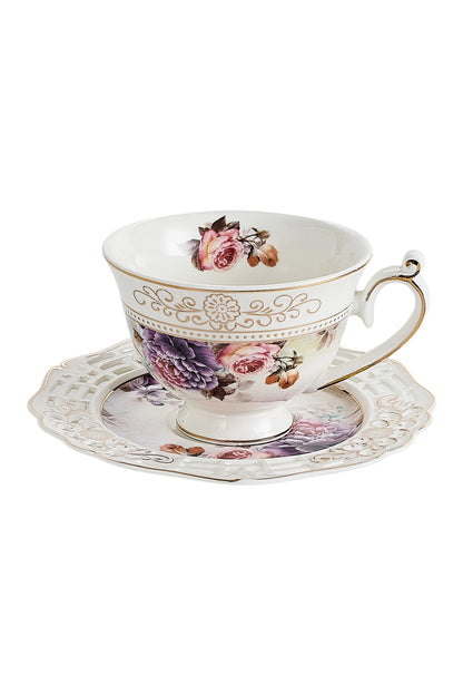 Set 6 cești espresso cu 6 farfurioare rotunde porțelan 90 ml – model floral elegant