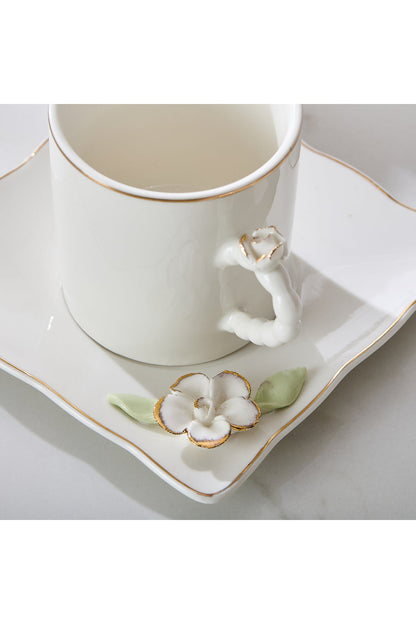 Set 2 Cești de Cafea din Porțelan cu Farfurioare, 180 ml - Detalii Florale
