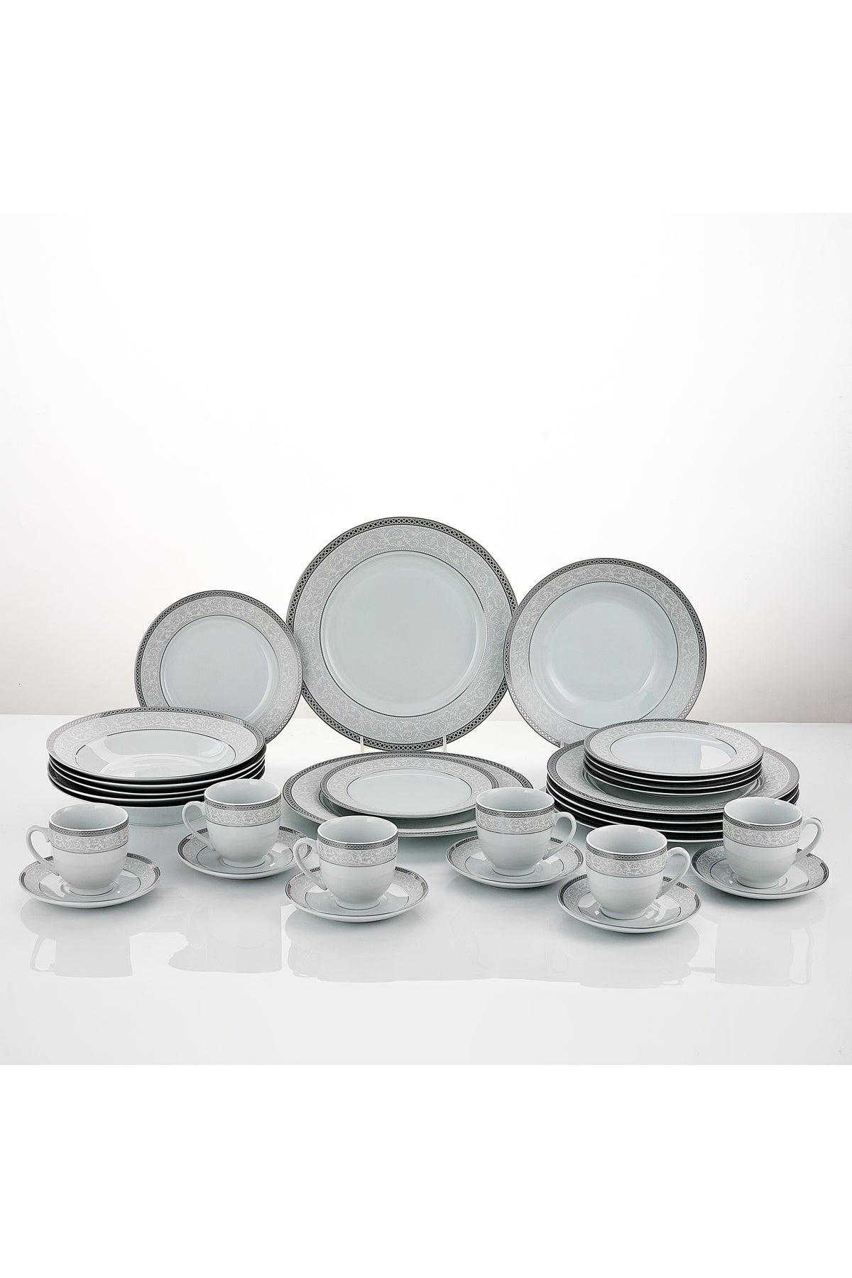 Serviciu de Masă 6 persoane Royal Medallion din Porțelan 30 piese Design Floral cu Bordură Argintie