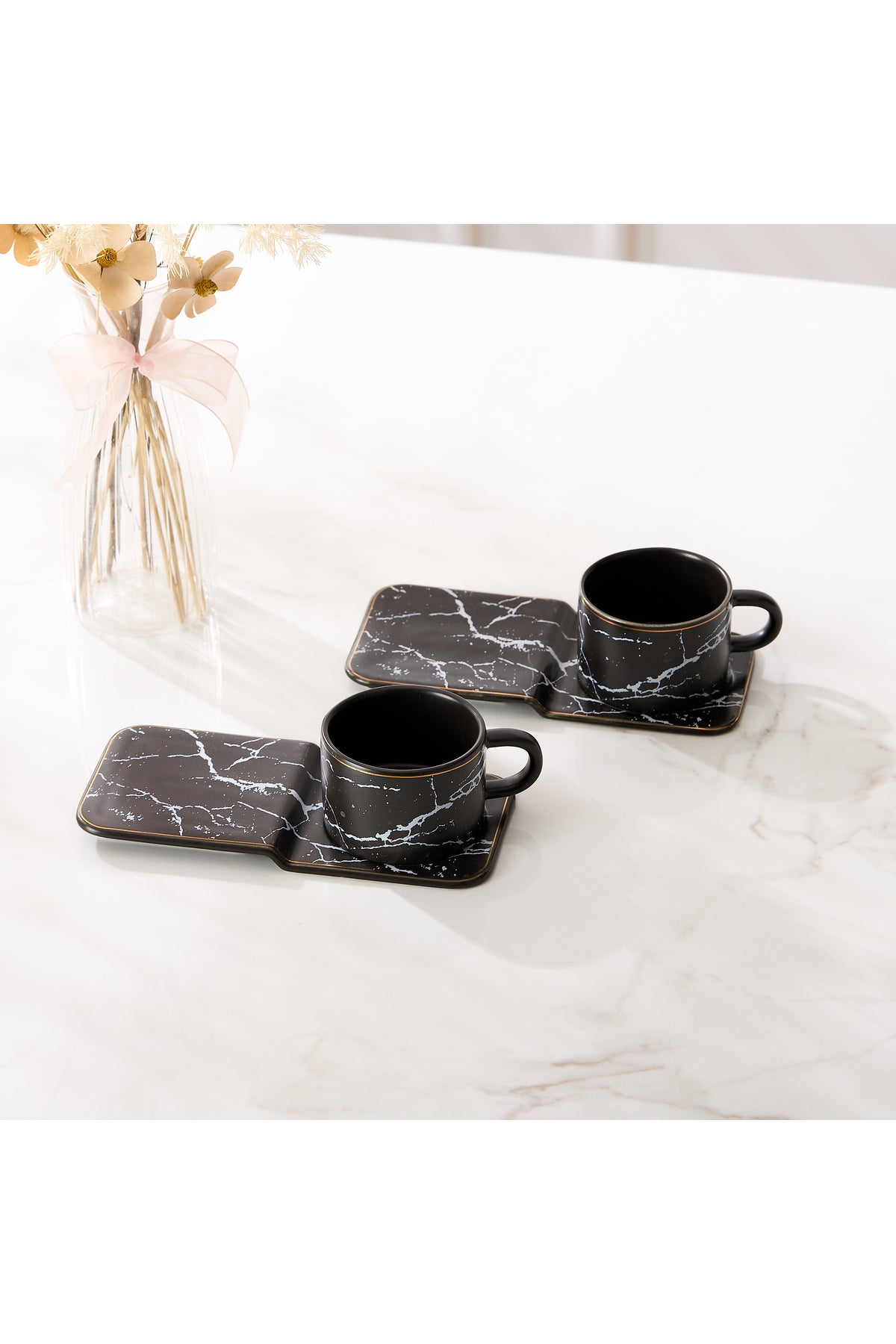 Set 2 cești espresso din porțelan cu farfurioare dreptunghiulare pentru servire, 90 ml - Negru