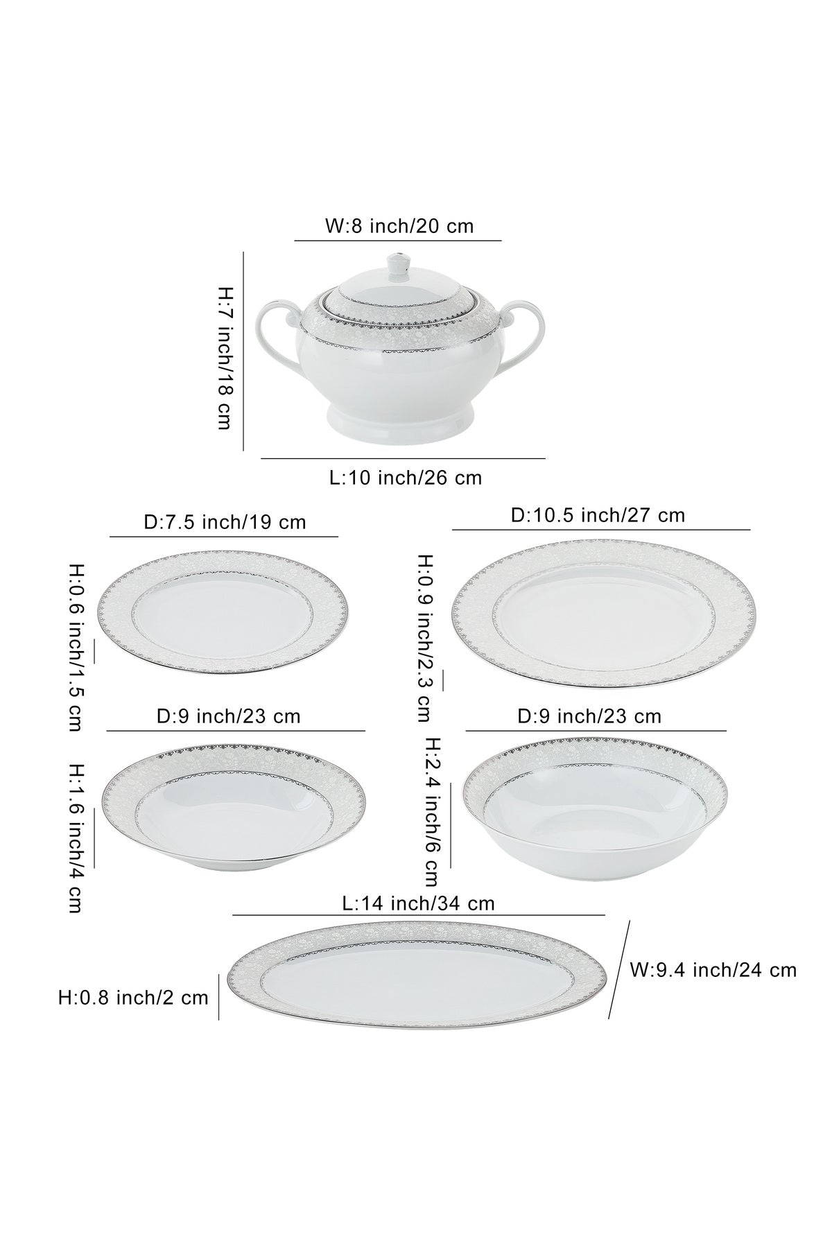 Serviciu de Masă 12 Persoane Silver Lace Heritage din Porțelan , 40 piese, Design Broderie Clasică