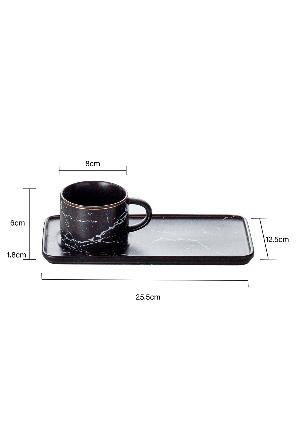 Set 2 Cești de cafea cu 2 farfurii lungi tip tavă, 200 ml, Porțelan – Negru marmorat