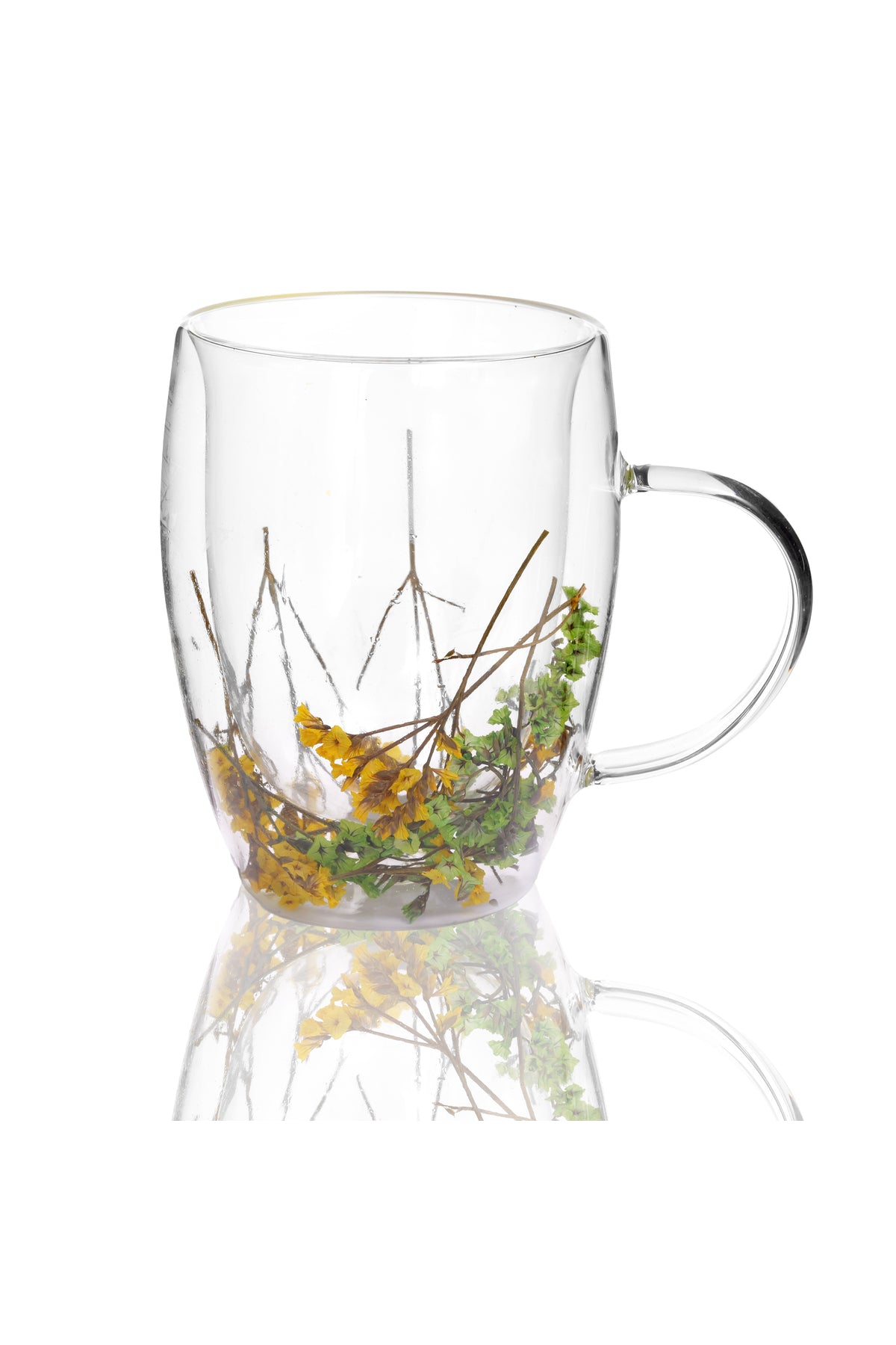 Cană din Sticlă cu Pereți Dubli "Cora" cu Flori Uscate Galbene Naturale – 350 ml