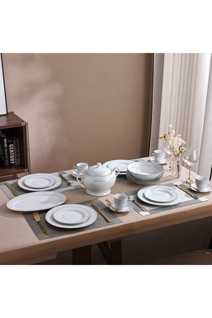 Serviciu de Masă 12 Persoane Golden Aurora din Porțelan 64 Piese, Design Geometric și Bordură Aurie