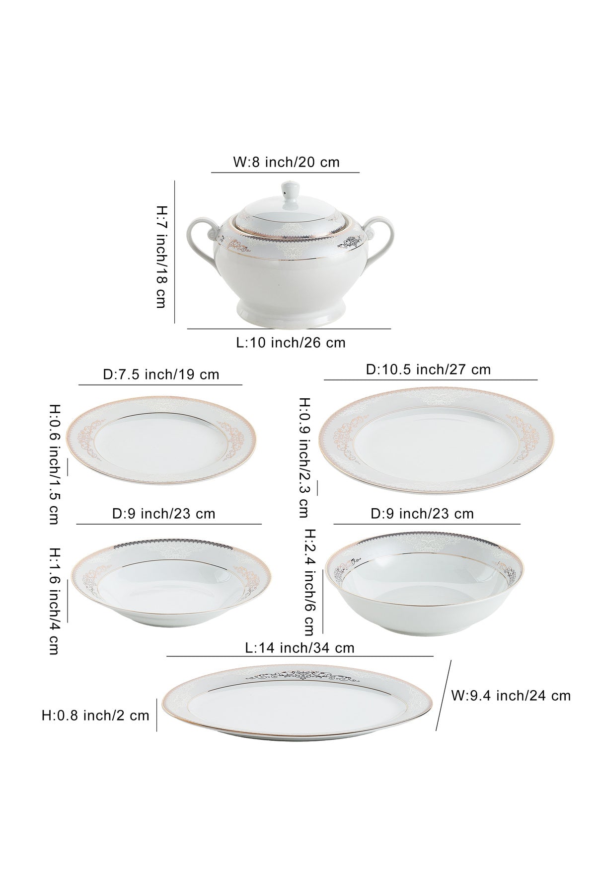 Serviciu de Masă 12 Persoane Silver & Gold Filigree din Porțelan 40 Piese, Design Baroc Bicolor