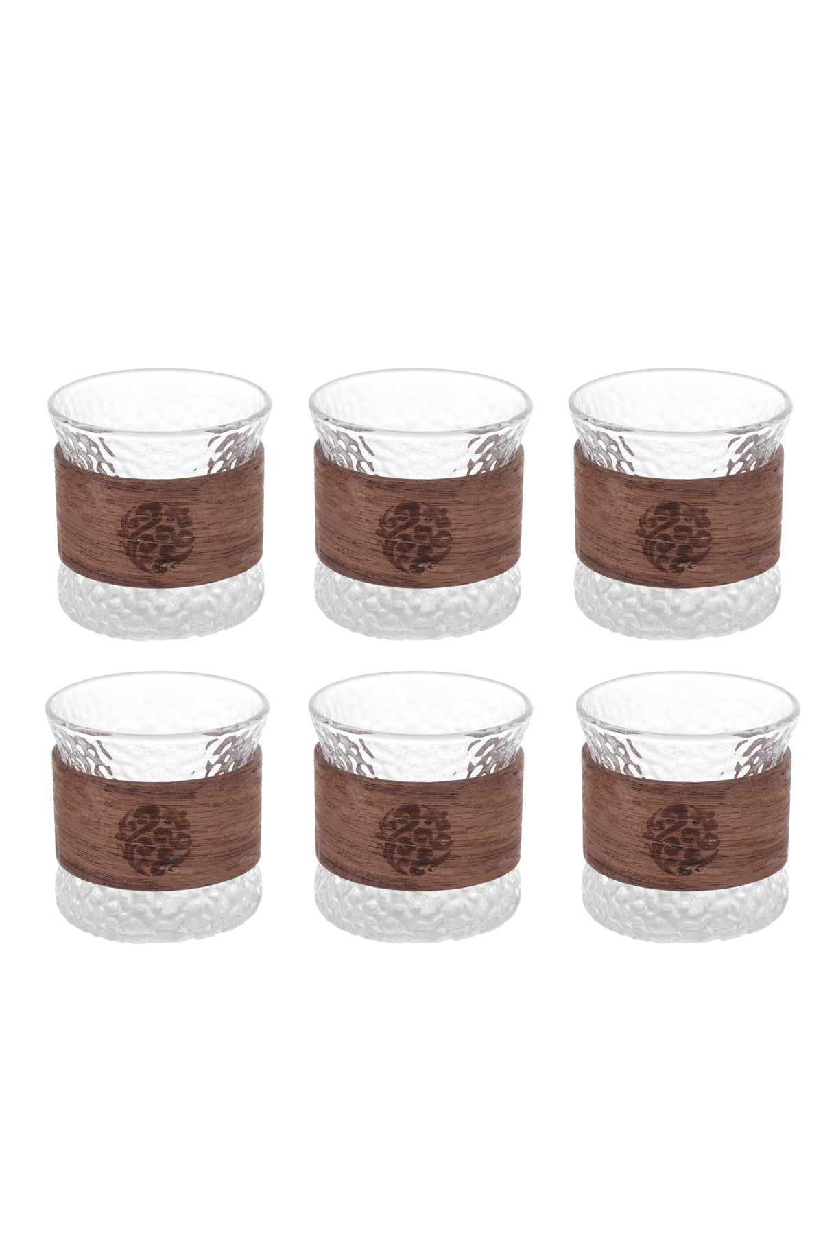 Set 6 Cești din Sticlă Texturată cu Protecție din Lemn, Design Japonez Zen, 100 ml