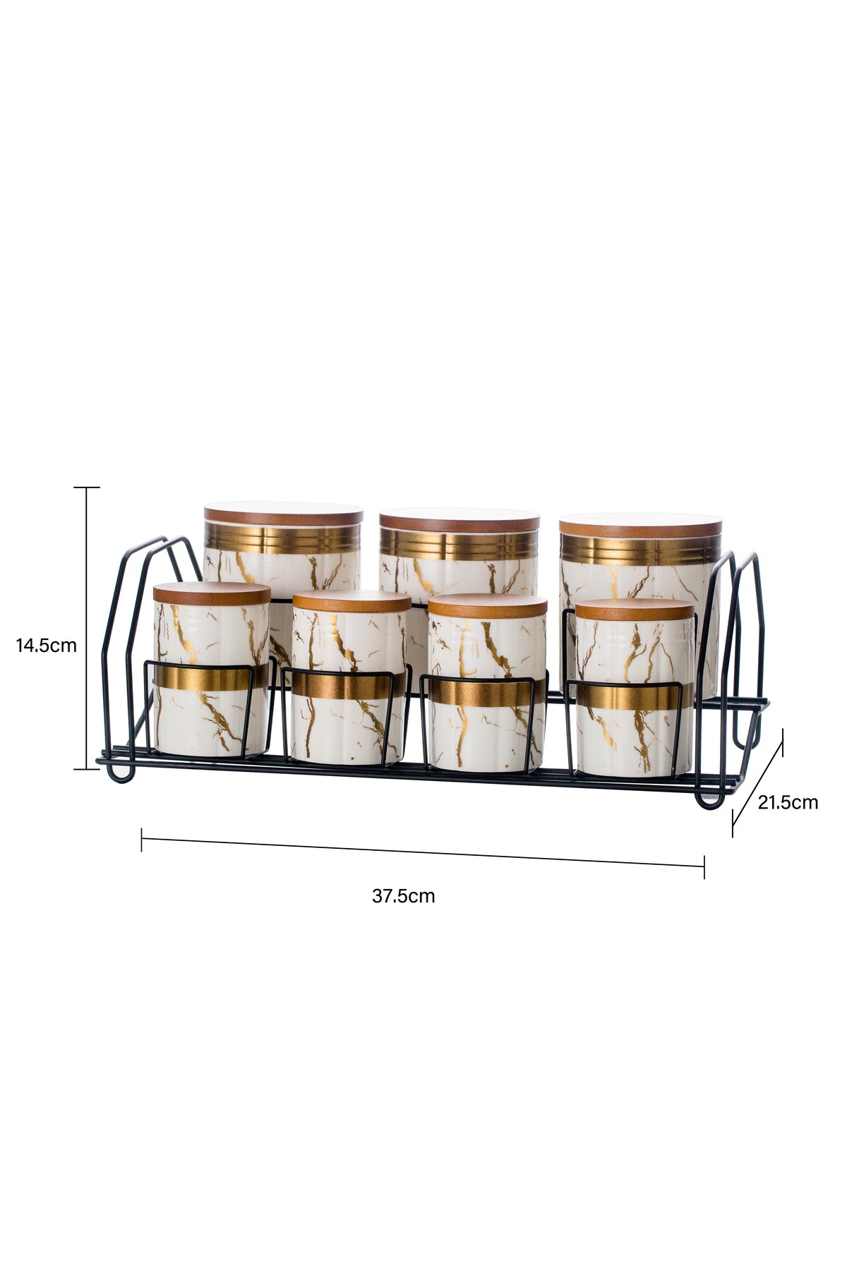 Set 7 recipiente depozitare din porțelan cu capace din lemn și suport metalic - Marble Collection