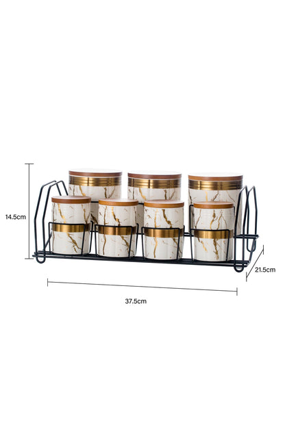 Set 7 recipiente depozitare din porțelan cu capace din lemn și suport metalic - Marble Collection
