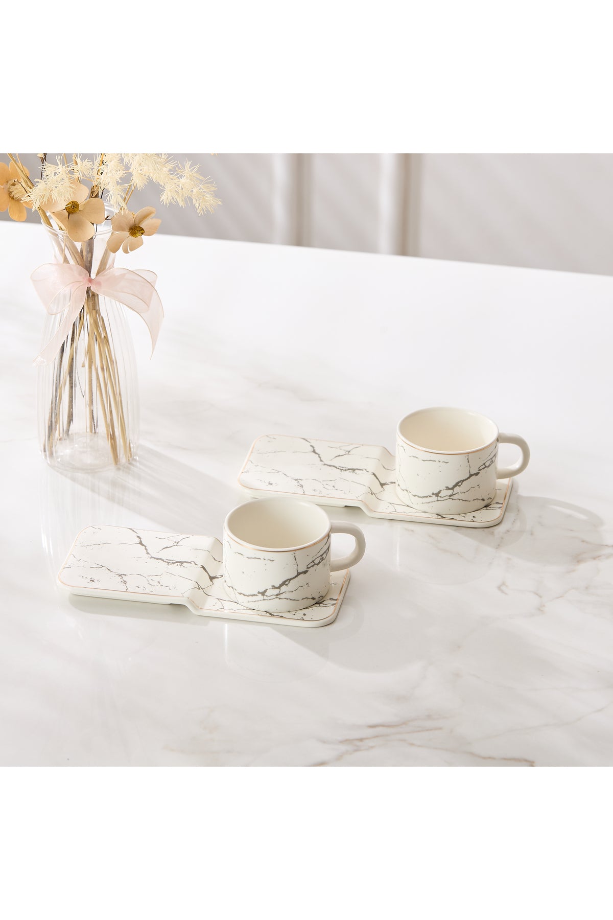 Set 2 cești espresso din porțelan cu farfurioare dreptunghiulare pentru servire, 90 ml - Alb