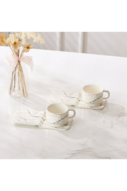 Set 2 cești espresso din porțelan cu farfurioare dreptunghiulare pentru servire, 90 ml - Alb