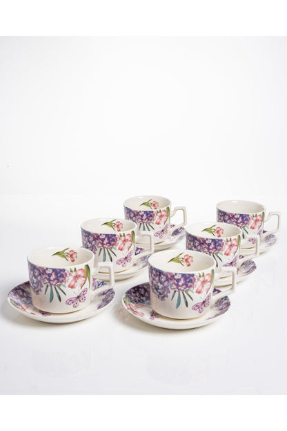 Set 6 cești cafea Lilac–porțelan floral cu hortensii și fluturi - 12 piese cu farfurioare