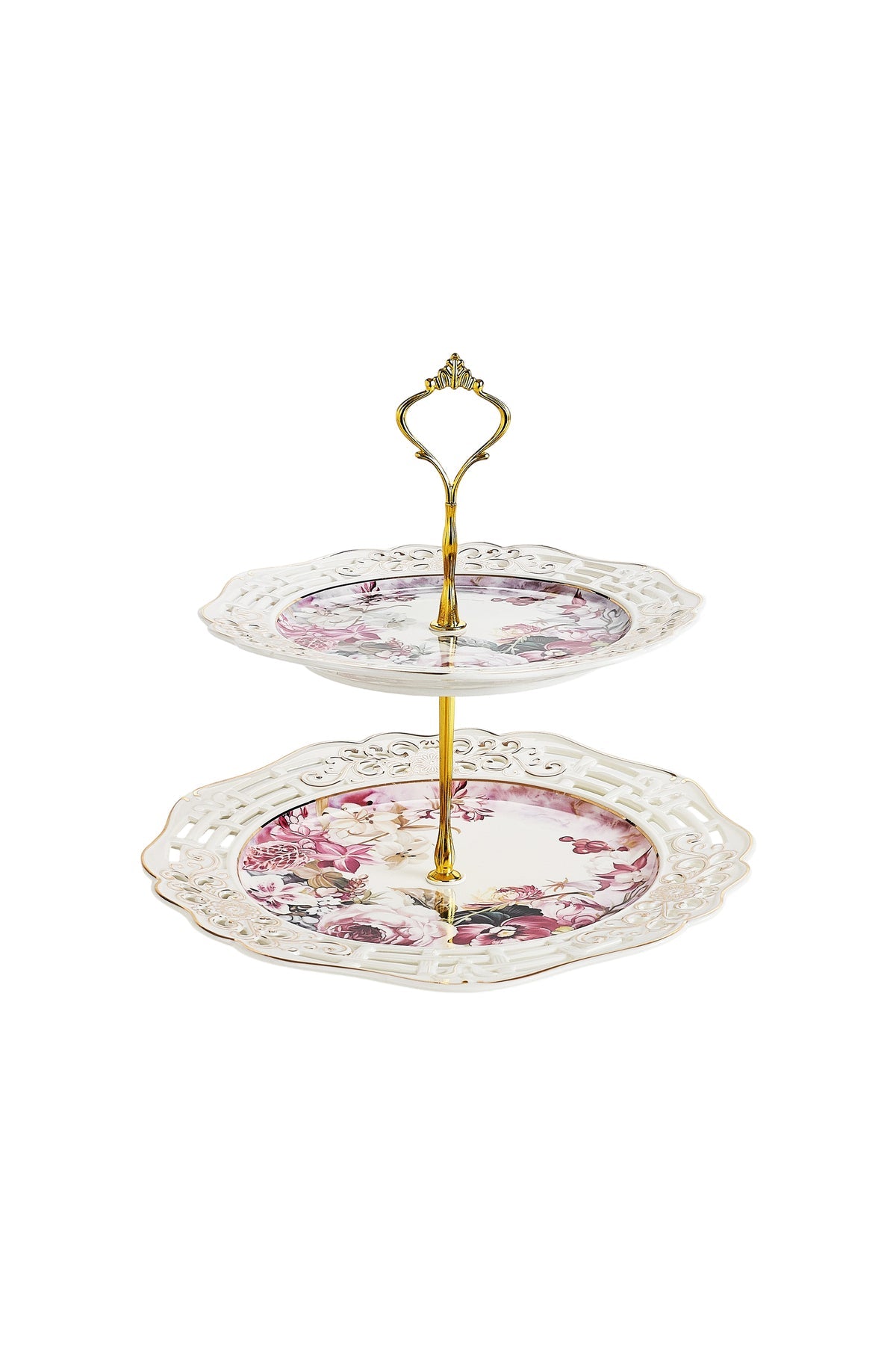 Platou etajat 2 niveluri porțelan, model floral vintage, platouri rotunde