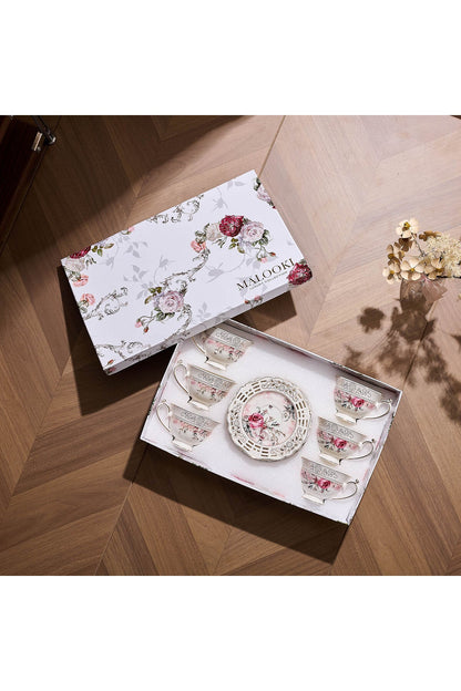 Set 6 cești espresso cu 6 farfurioare rotunde porțelan 90 ml – model floral elegant