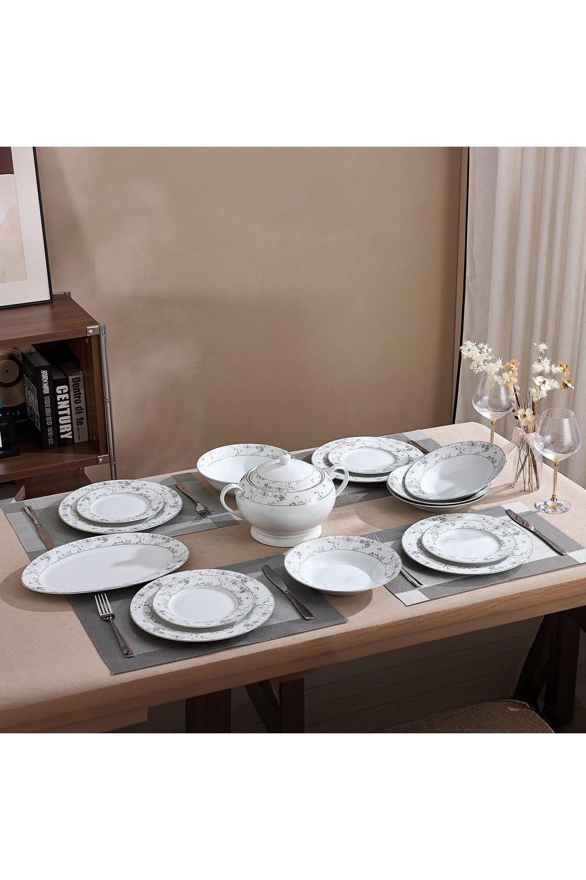 Serviciu de Masă12 Persoane Charcoal Blossom din Porțelan Premium, 40 piese, Design Floral Dens