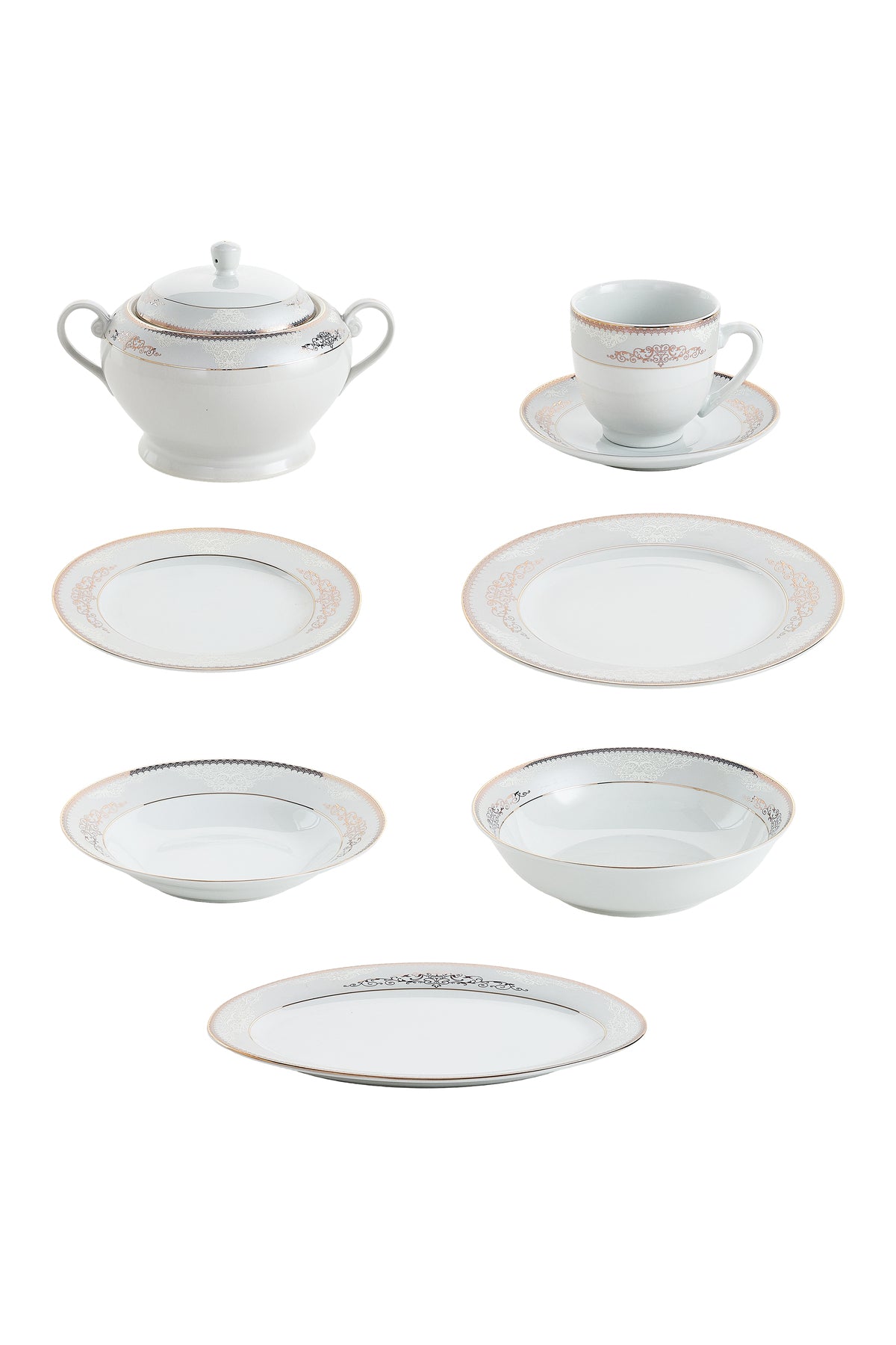 Serviciu de Masă 12 Persoane Silver & Gold Filigree din Porțelan 64 Piese, Design Baroc Bicolor